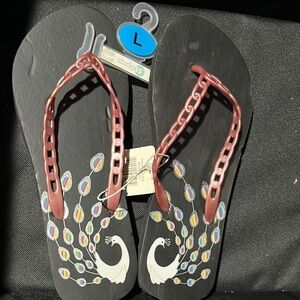 Studio 35 Black and Pink Flip Flops with Peacock Design